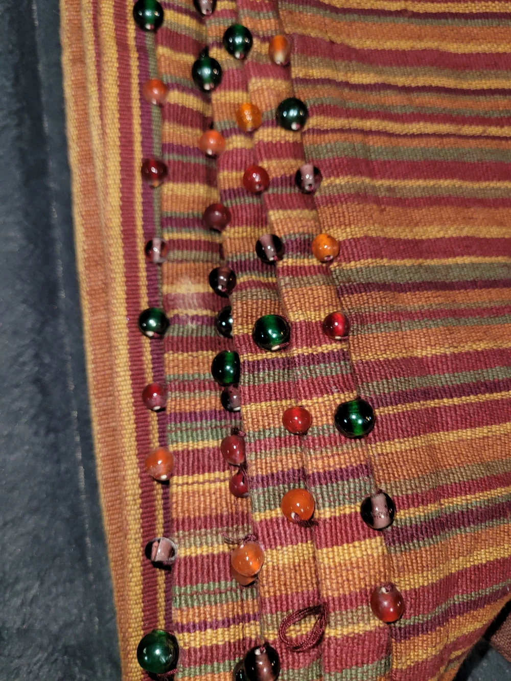 Pier 1 Rust Cloth Napkins with Striped Multicolor Beaded Runner And Napkin Rings